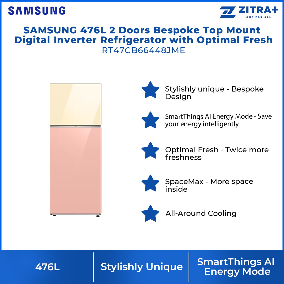 SAMSUNG 476L 2 Doors Bespoke Top Mount Digital Inverter Refrigerator with Optimal Fresh RT47CB66448JME | SpaceMax™ | All-Around Cooling | Multi Flow | Optimal Fresh Zone | Refrigerator with 1 Year Warranty