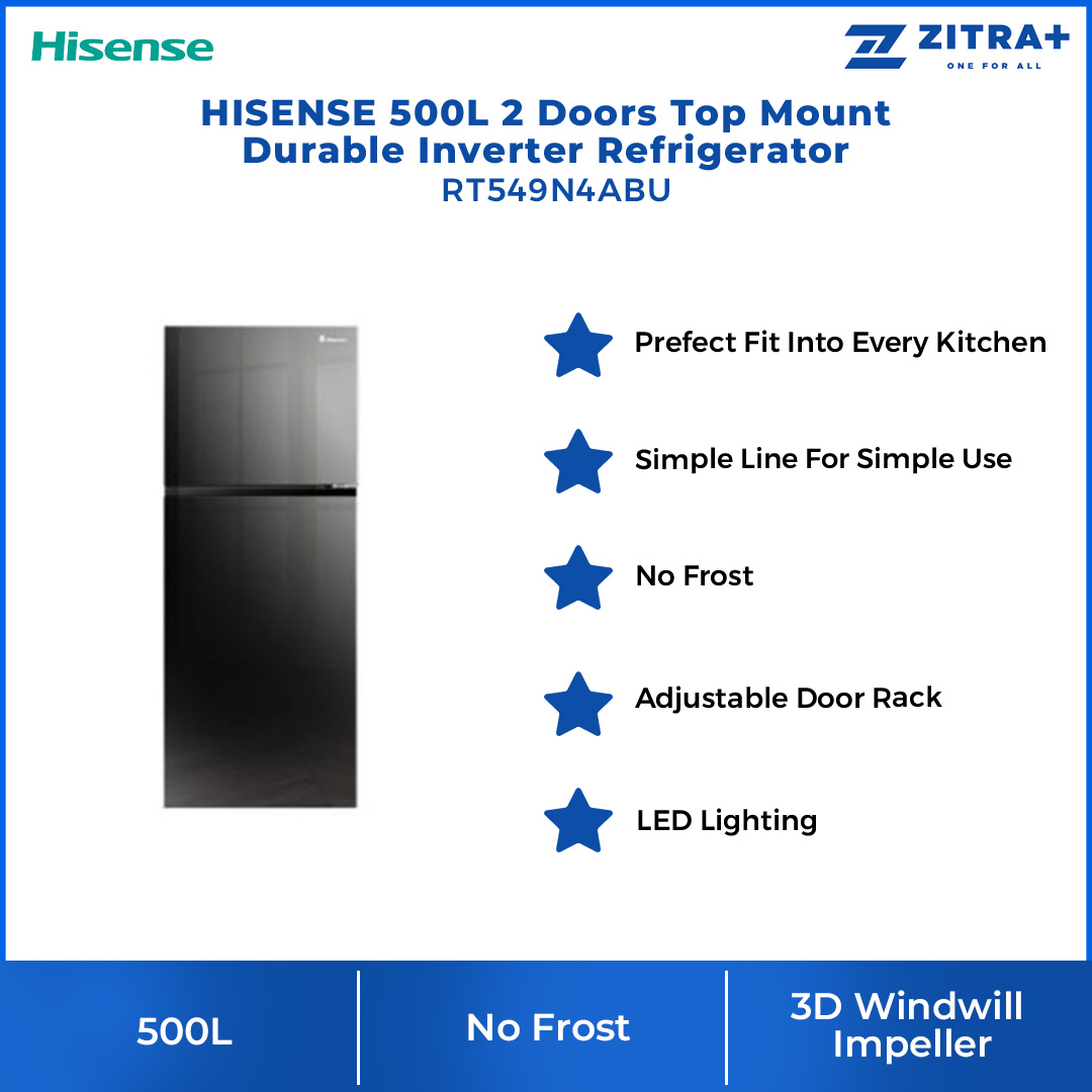 HISENSE 500L 2 Doors Top Mount Durable Inverter Refrigerator RT549N4ABU | Multi Air Flow | Deodorizing Filter | Moisture Fresh Crisper | Durable Inverter | LED Lighting | Removable Twist Ice Maker | Refrigerator with 3 Year Warranty