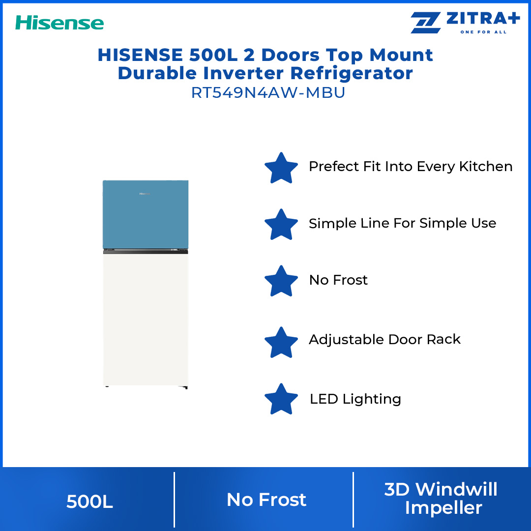 HISENSE 500L 2 Doors Top Mount Durable Inverter Refrigerator RT549N4AW-MBU | Multi Air Flow | Deodorizing Filter | Moisture Fresh Crisper | Durable Inverter | LED Lighting | Removable Twist Ice Maker | Refrigerator with 3 Year Warranty