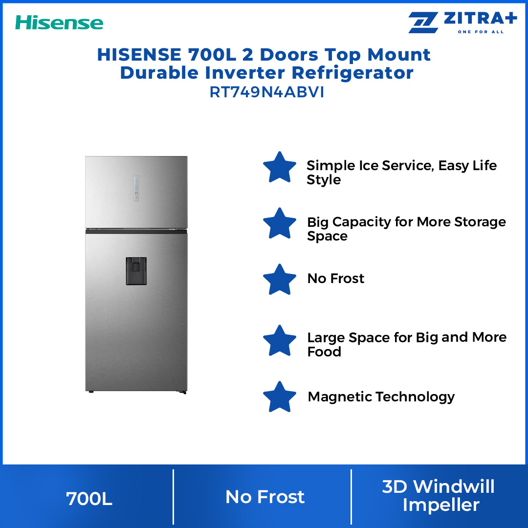 HISENSE 700L 2 Doors Top Mount Durable Inverter Refrigerator RT749N4ABVI | Digital Touch Control | Dual LED Lighting | Super Freeze | Fresh Zone | Multi-Air Flow | Magnetic Door Switch | Refrigerator with 3 Year Warranty