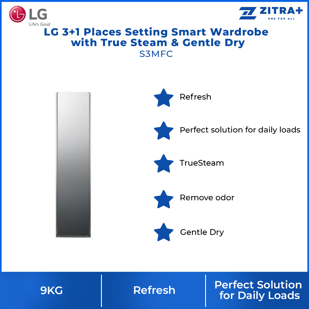 LG 3+1 Places Setting Smart Wardrobe with True Steam & Gentle Dry S3MFC | Wi-Fi | Moving Hanger | Refresh Mode | Smart Wardrobe with 1 Year Warranty