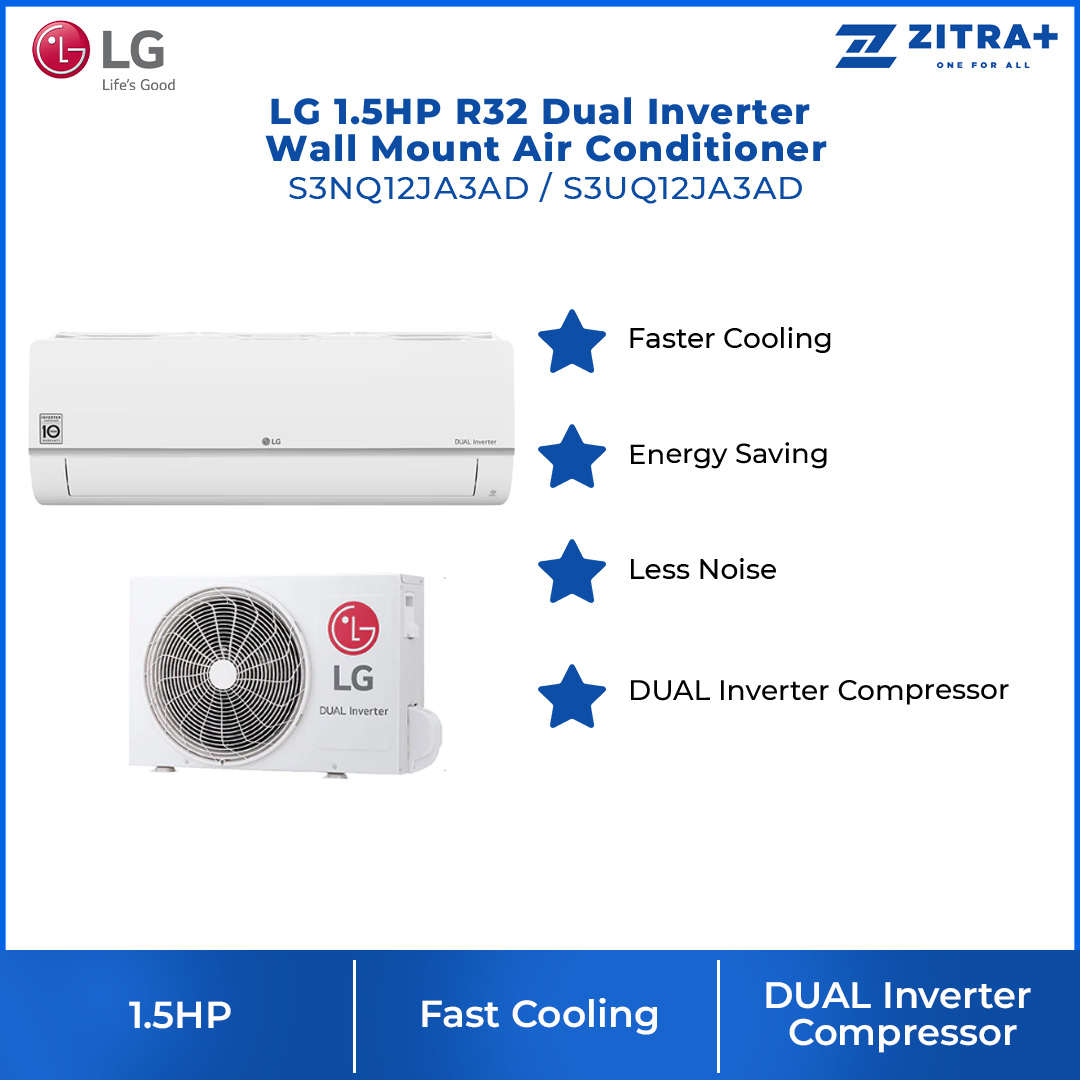 LG 1.5HP R32 Dual Inverter Wall Mount Air Conditioner S3NQ12JA3AD / S3UQ12JA3AD | Fast Cooling | Dehumidifier | Auto Cleaning | Air Conditioner with 2 Year Warranty