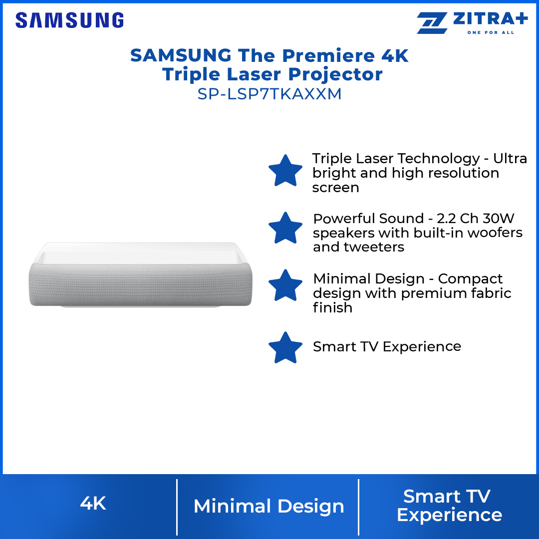 SAMSUNG The Premiere 4K Triple Laser Projector SP-LSP7TKAXXM | Laser Technology | Powerful Sound | Ultra Short Throw | Smart TV Experience | Projector with 2 Year Warranty
