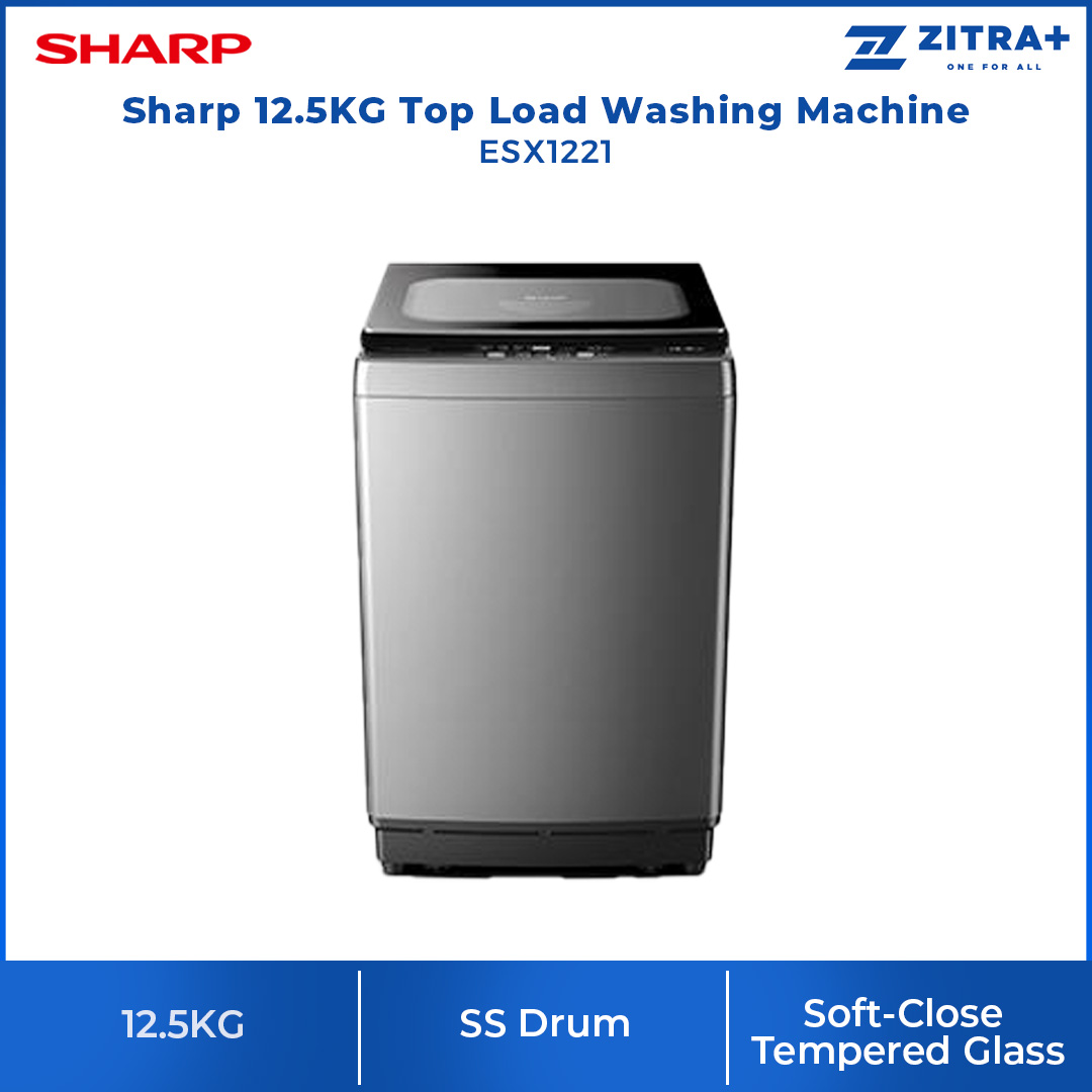 SHARP 12.5KG Top Load Fully Auto Washing Machine ESX1221 | Fuzzy Control | Intelligent Water Fall System | Smart Filter | Soft-Close Tempered Glass | Stainless Steel Drum | Washing Machine with 2 Years General Warranty & 10 Years Motor Warranty