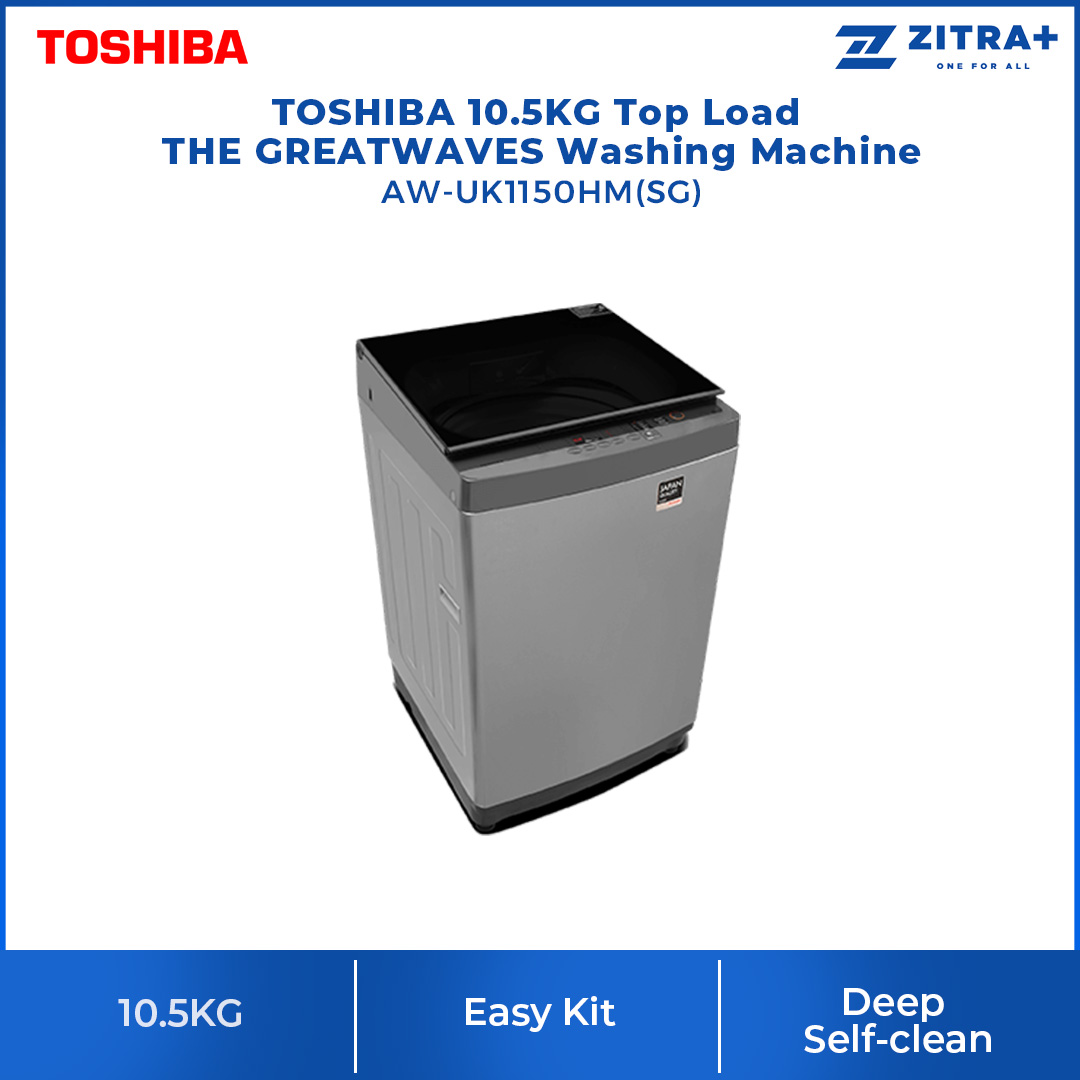 TOSHIBA 10.5KG Top Load Washing Machine AW-UK1150HM(SG) | The Greatwaves | Ultra Fine Bubble | I Clean | Soft Close Lid | Easy Kit | No Angular Design | Washing Machine with 2 Year General Warranty & 3 Year Panel Warranty & 10 Year Motor Warranty