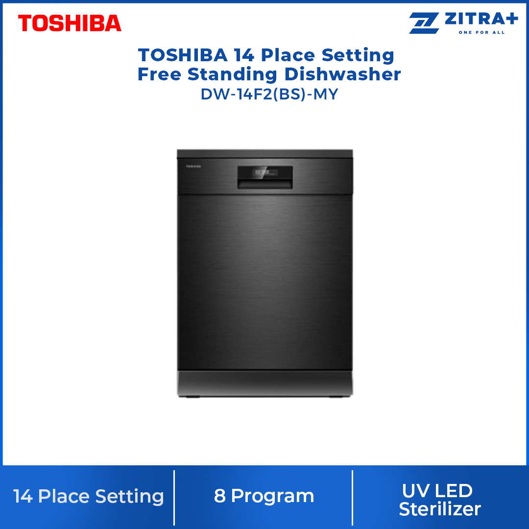 TOSHIBA 14 Place Setting Standing Dishwasher DW-14F2(BS)-MY | UV-LED Light | Anti-Bacterial Filter | Hi-Temp Hygiene Cycle | Standing Dishwasher with 1 Year Warranty