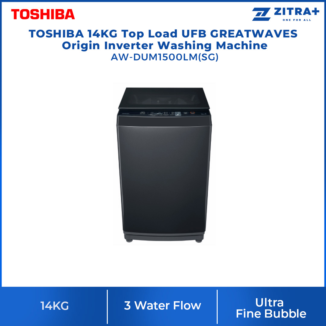 Toshiba 14KG Top Loading DD Washer AW-DUM1500LM(SG) | Ultra Fine Bubble | THE GREATWAVES | I Clean | Easy Kit | Multi Programs | No Angular Design | Soft Close Lid | DD Washer with 2 Year Warranty