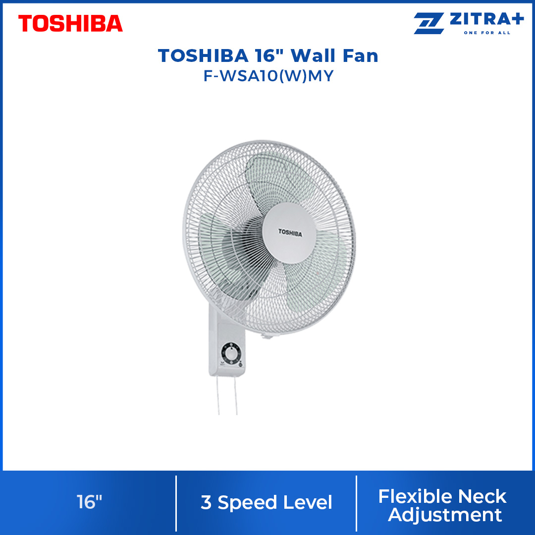 TOSHIBA 16" Wall Fan F-WSA10(W)MY | 3 Speed Level | 3 Blades | Flexible Neck Adjustment | Oscillation with Pull Switch | Wall Fan with 1 Year Warranty