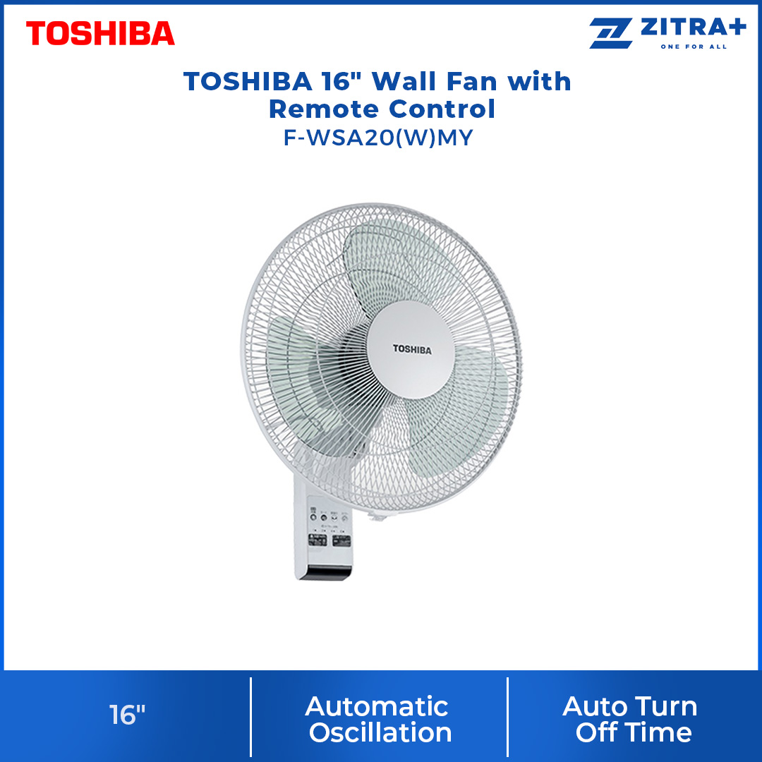TOSHIBA 16" Wall Fan F-WSA20(W)MY | Remote Control Operation | 3 Speed Adjustable | Auto Turn Off Timer | Wall Fan with 1 Year Warranty