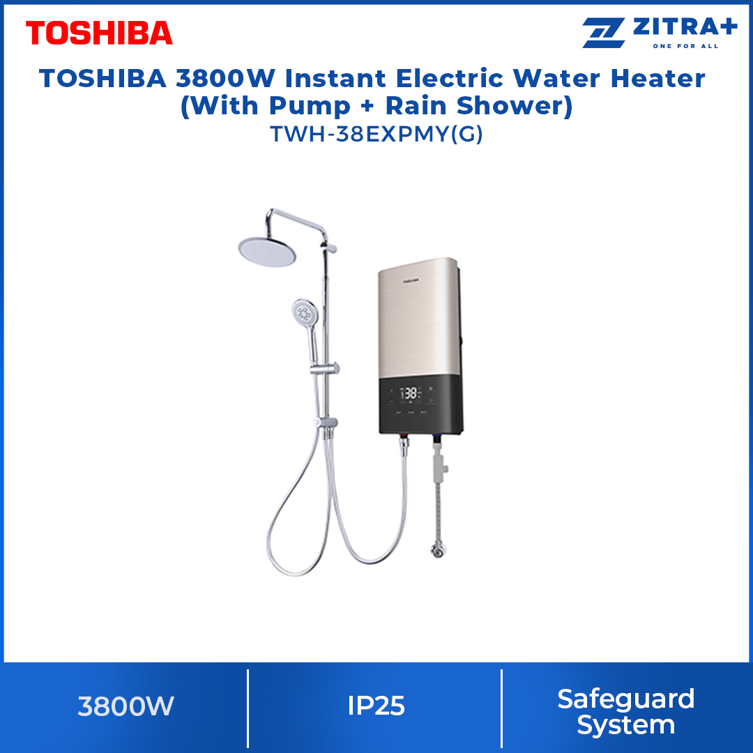 Toshiba 3800W Instant Electric Water Heater (With Pump+Rain Shower) TWH-38EXPMY(G) | Safeguards System | Constant Temperature System | Exclusive Bathing Mode | Splash-proof Protection | Water Heater with 1 Year General & 5 Year Motor Warranty