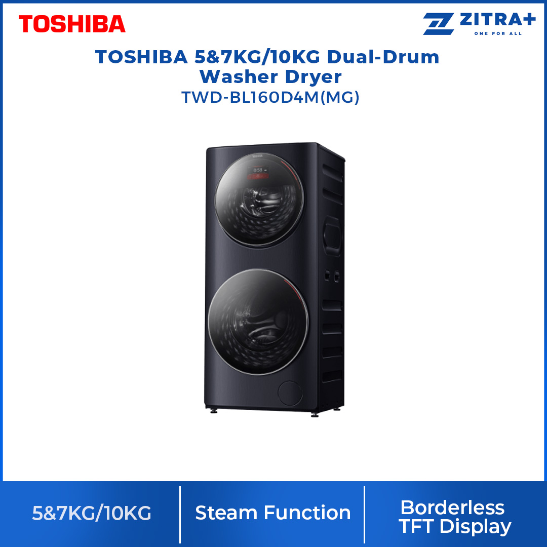 Toshiba 5/7/10KG Dual-Drum Washer Dryer TWD-BL160D4M(MG) | SenseDose | Ag+ In-Deep Sterilization | Partition Design | Smart Air Wash | Child Lock | WiFi | Drum Clean | Steam | Door Lock | Washer Dryer with 2 Year General & 10 Year Motor Warranty