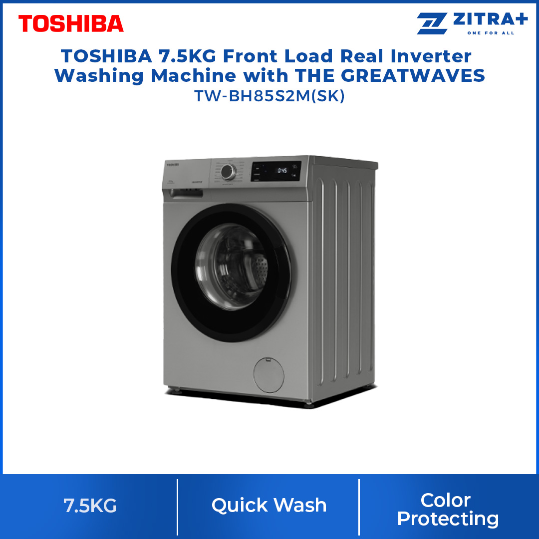 TOSHIBA 7.5KG Front Load Real Inverter Washing Machine with THE GREATWAVES TW-BH85S2M(SK) | 16 Program | Child Lock | Temperature Selection | Spin Speed, Selection | Washing Machine  with 2 Year Warranty