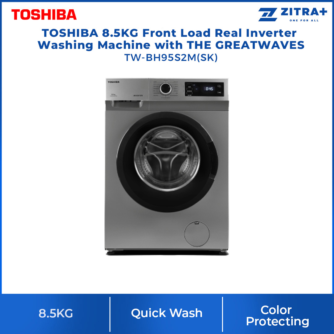 TOSHIBA 8.5KG Front Load Real Inverter Washing Machine with THE GREATWAVES TW-BH95S2M(SK) | 16 Program | Child Lock | Temperature Selection | Spin Speed, Selection | Washing Machine with 2 Year Warranty