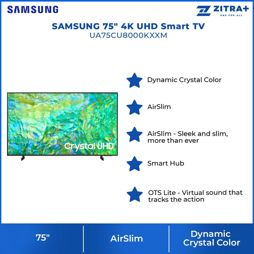 SAMSUNG 75" 4K UHD Smart TV UA75CU8000KXXM | AirSlim | Smart Hub | Web Browser | SmartThings | Smart TV with 2 Year Warranty