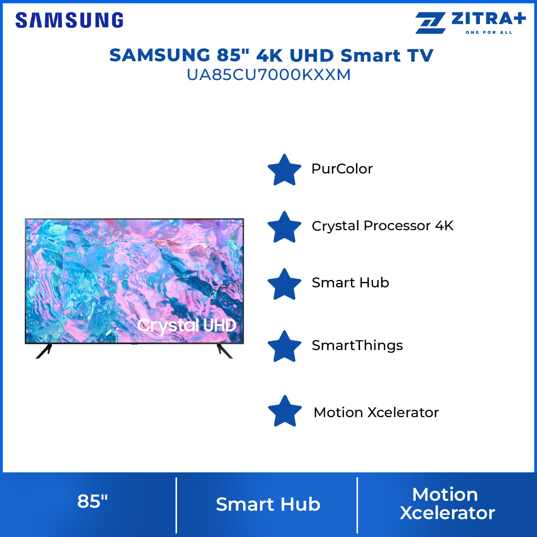 SAMSUNG 85" 4K UHD Smart TV UA85CU7000KXXM | Smart Hub | SmartThings | PurColor | Web Browser | HDMI | USB | Smart TV with 2 Year Warranty