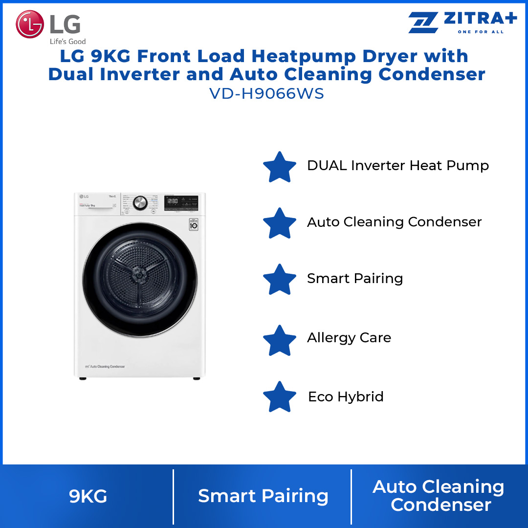 LG 9KG Front Load Heatpump Dryer with Dual Inverter and Auto Cleaning Condenser VD-H9066WS | Quick Dry | LG ThinQ™ | Wi-Fi | Dryer with 1 Year Warranty
