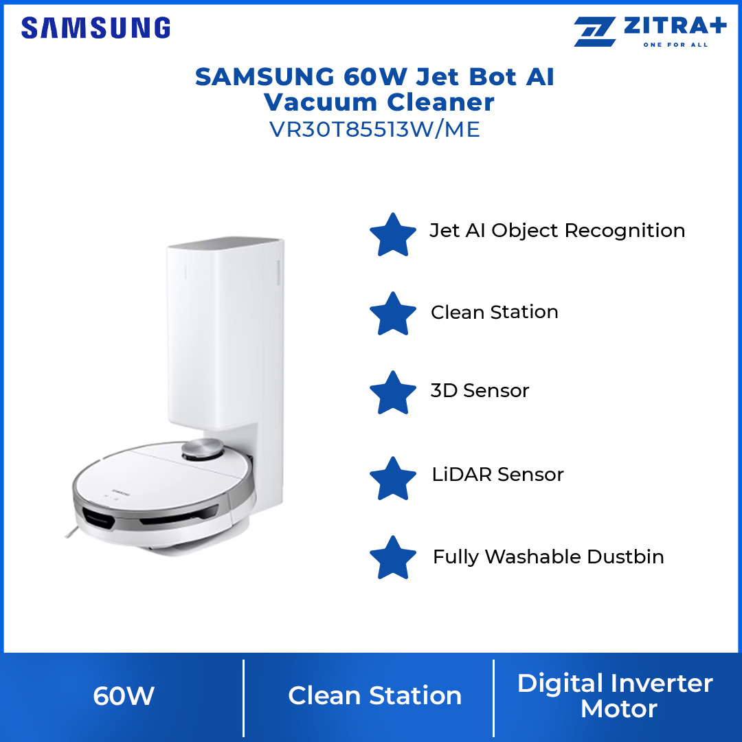 SAMSUNG 60W Jet Bot AI Vacuum Cleaner Misty VR30T85513W/ME | LiDAR Sensor | Clean Station | High-efficiency Brush | Vacuum with 1 Year Warranty