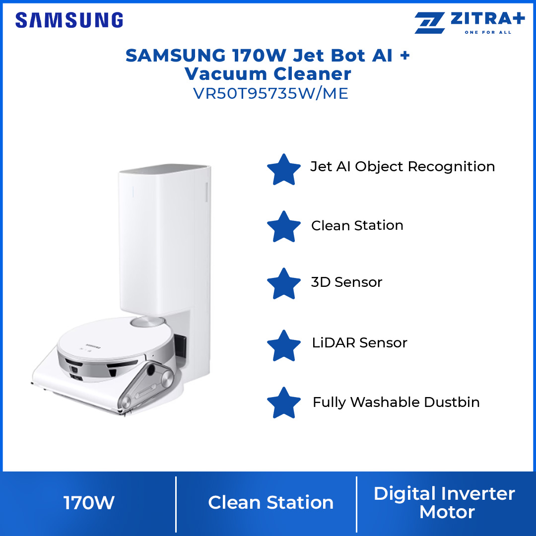 SAMSUNG 170W Jet Bot AI + Vacuum Cleaner VR50T95735W/ME | Jet AI Object Recognition | Clean Station | Powerful Cleaning | Vacuum with 1 Year Warranty