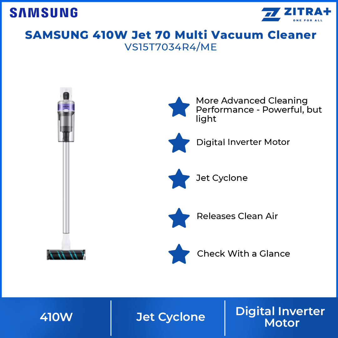 SAMSUNG 410W Jet 70 Multi Vacuum Cleaner Stick VS15T7034R4/ME | Jet Cyclone | 2-in-1 Charging Station | 99.999% Multi-layered Filtration System | Vacuum with 1 Year Warranty