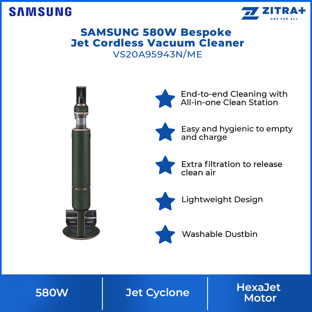 SAMSUNG 580W Bespoke Jet Cordless Vacuum Cleaner VS20A95943N/ME | HexaJet Motor™ | Jet Cyclone | Removable and Longer-lasting Battery | Vacuum with 1 Year Warranty