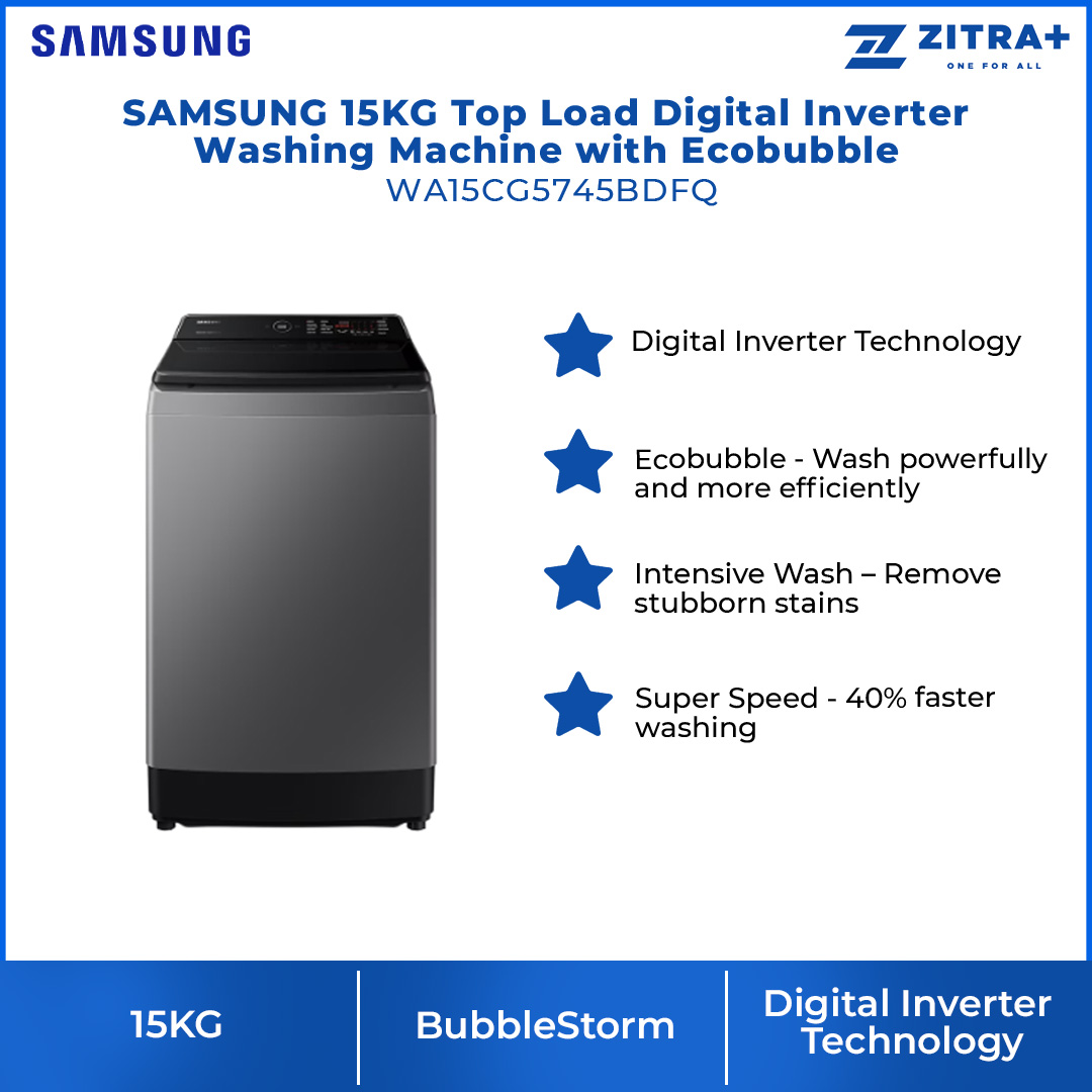 SAMSUNG 15KG Top Load Digital Inverter Washing Machine with Ecobubble WA15CG5745BDFQ | Dual Storm™ | Super Speed | Magic Filter | VRT Technology | Washing Machine With 1 Year Warranty