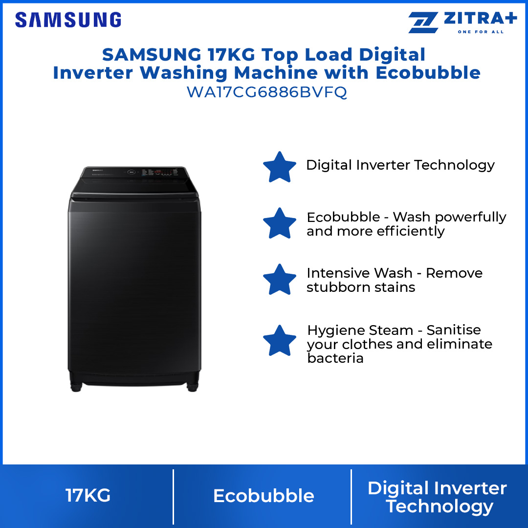 SAMSUNG 17KG Top Load Digital Inverter Washing Machine With Ecobubble WA17CG6886BVFQ | Hygiene Steam | Super Speed | Magic Filter | VRT Technology | Washing Machine With 1 Year Warranty