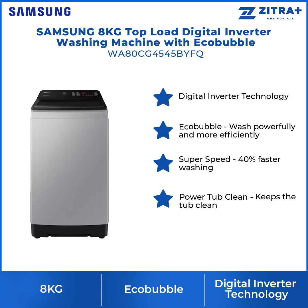 SAMSUNG 8KG Top Load Digital Inverter Washing Machine with Ecobubble WA80CG4545BYFQ  | Dual Storm™ | Super Speed | Magic Filter | VRT Technology | Washing Machine With 1 Year Warranty
