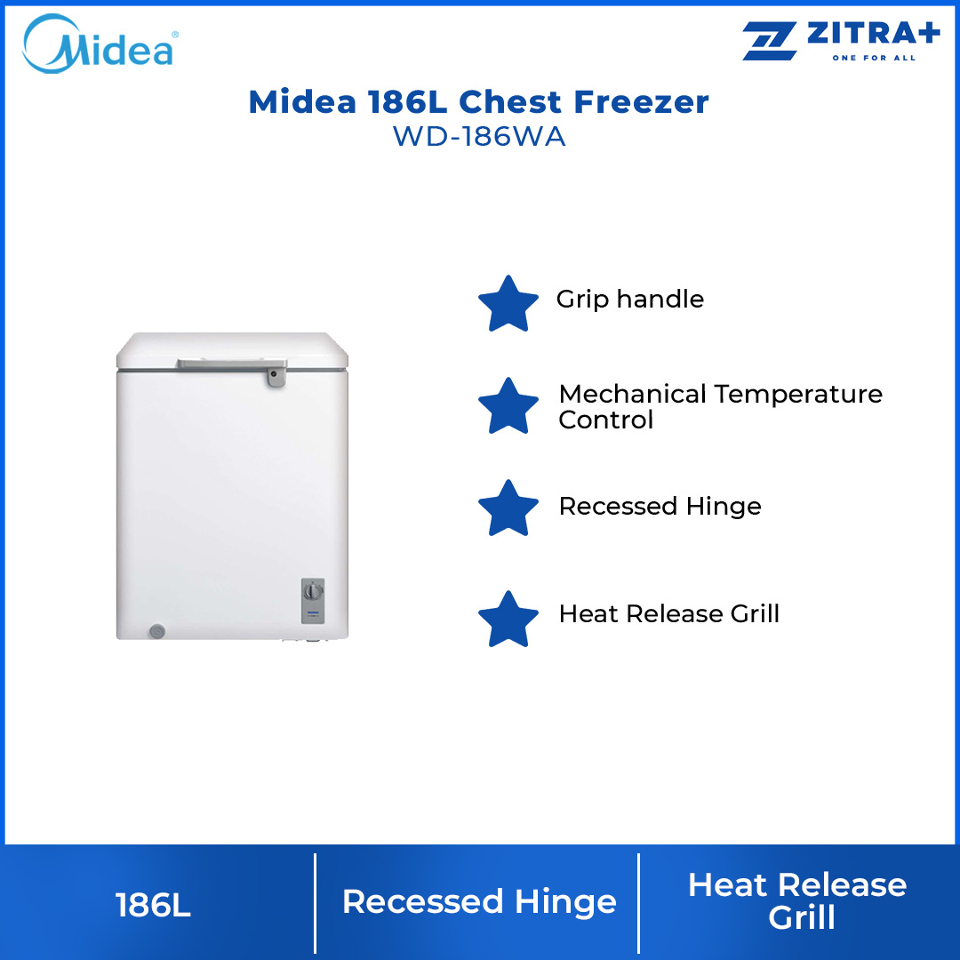 Midea 186L Chest Freezer WD-186WA | Grip handle | Mechanical Temperature Control | Recessed Hinge | Chest Freezer with 1 Year Warranty