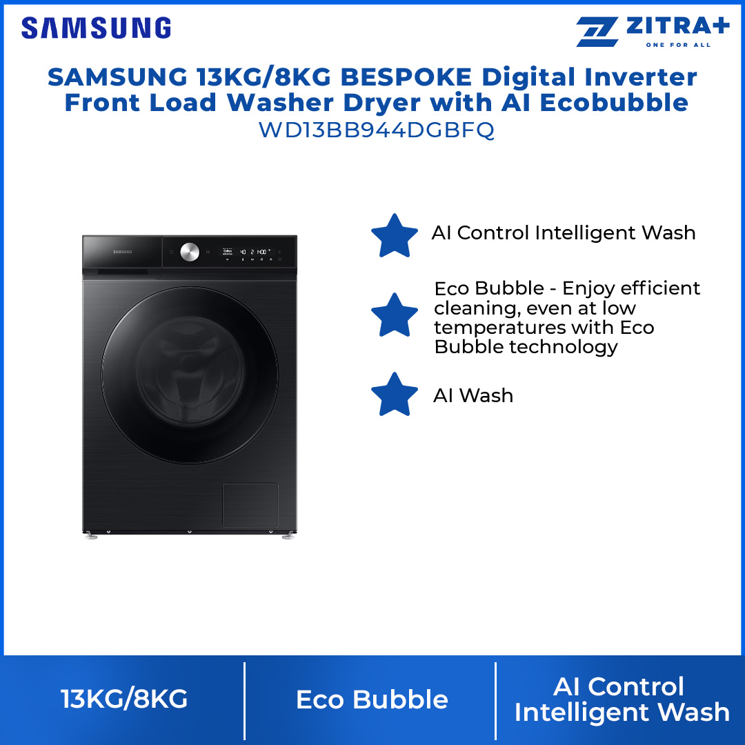 SAMSUNG 13KG/8KG BESPOKE Digital Inverter Front Load Washer Dryer with AI Ecobubble WD13BB944DGBFQ | AI Wash | AI Control | Auto Dispense | Eco Bubble™ | Hygiene Steam | Washer Dryer with 1 Year Warranty