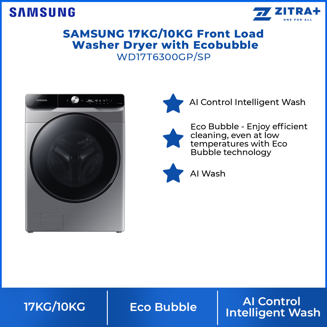 SAMSUNG 17KG/10KG Front Load Washer Dryer with Ecobubble WD17T6300GP/SP | AI Control | Eco Bubble™ | VRT Plus™ | Hygiene Steam | Washer Dryer with 1 Year Warranty