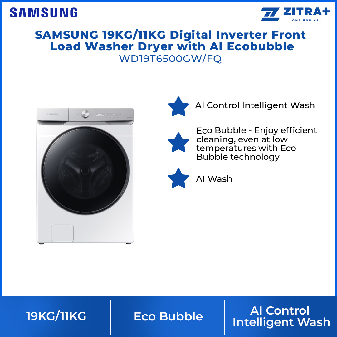 SAMSUNG 19KG/11KG Digital Inverter Front Load Washer Dryer with AI Ecobubble WD19T6500GW/FQ | AI Wash | AI Control | Auto Dispense | Eco Bubble™ | Hygiene Steam | Washer Dryer with 1 Year Warranty