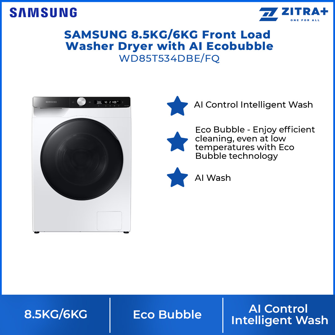 SAMSUNG 8.5KG/6KG Front Load Washer Dryer with AI Ecobubble WD85T534DBE/FQ | AI Control | Eco Bubble™ | Drum Clean | Hygiene Steam | Washer Dryer with 1 Year Warranty