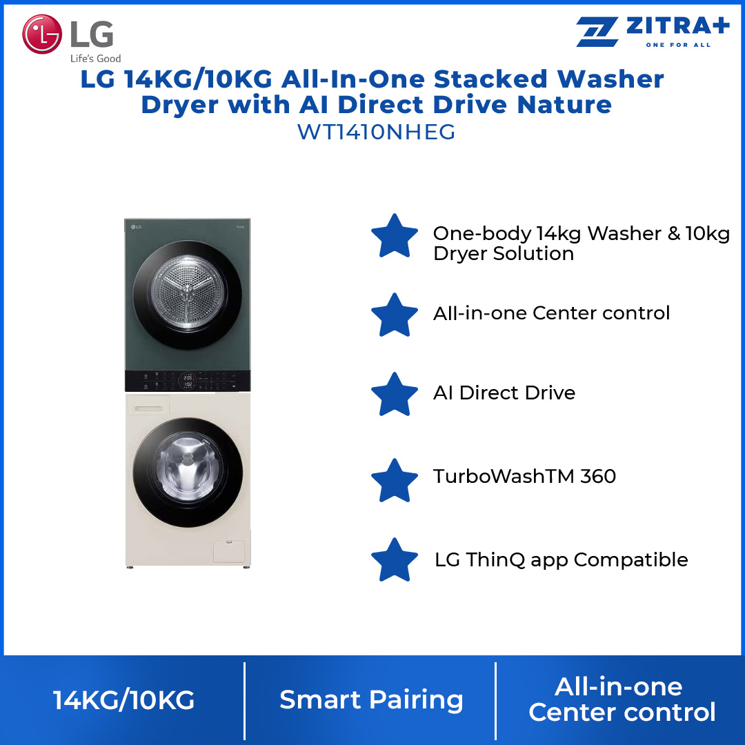 LG 14KG/10KG All-In-One Stacked Washer Dryer with AI Direct Drive Nature WT1410NHEG | TurboWashTM 360 | LG ThinQ app Compatible | Sensor Dry | Washer Dryer with 1 Year Warranty