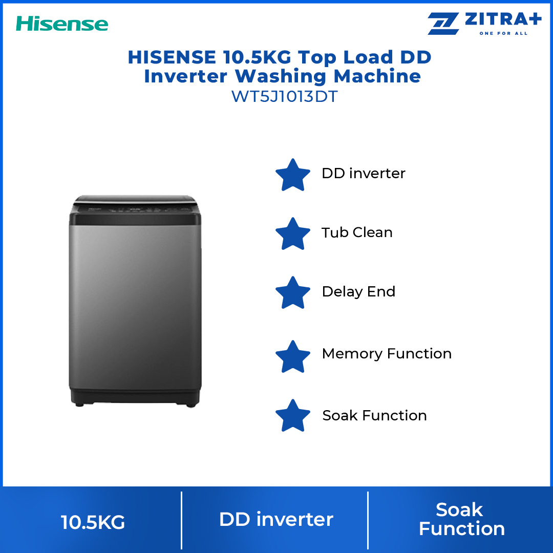 HISENSE 10.5KG Top Load DD Inverter Washing Machine WT5J1013DT | Tub Clean | Delay End | Memory Function | Soak Function | Powerful Waterfall | Mega Capacity | Bubble Clean | Extra Soft | Double Magic Filter | Washing Machine with 2 Year Warranty