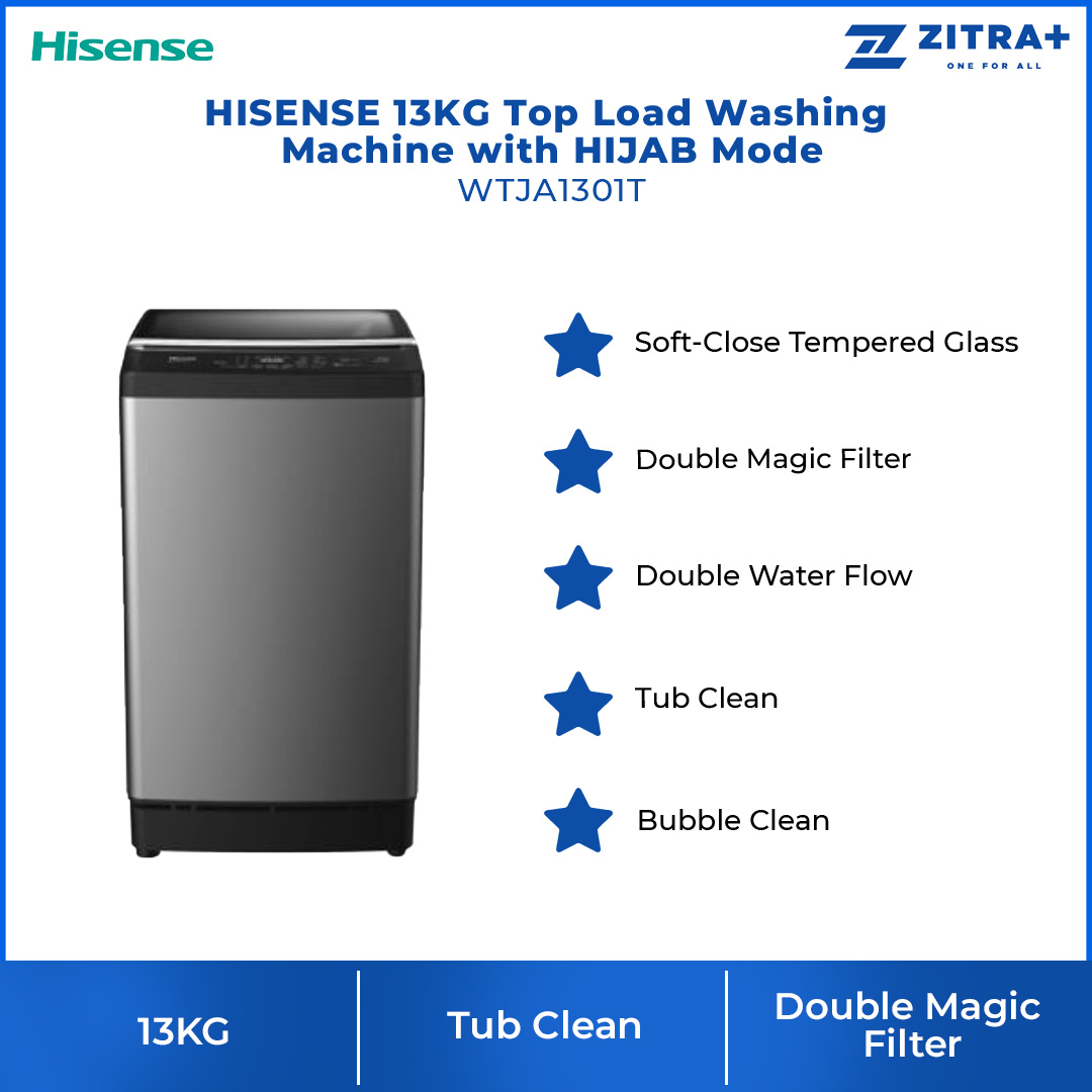 HISENSE 13KG Top Load Washing Machine with HIJAB Mode WTJA1301T | Double Magic Filter | Tub Clean | Delicates | Auto Balance | Air Dry | Pearl Drum | Wide Voltage | Blubble Clean | Extra Soft | Double Magic Filter | Washing Machine with 2 Year Warranty