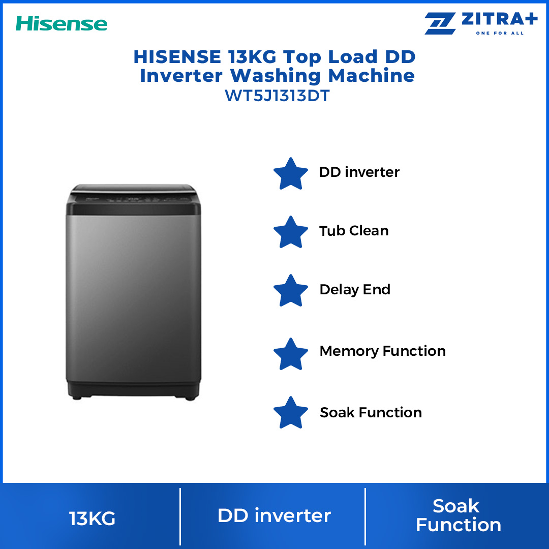 HISENSE 13KG Top Load DD Inverter Washing Machine WT5J1313DT | Powerful Waterfall | Smart Water Control | Tub Clean | Delay End | Memory Function | Soak Function | Mega Capacity | Bubble Clean | Extra Soft | Air Dry | Washing Machine with 2 Year Warranty