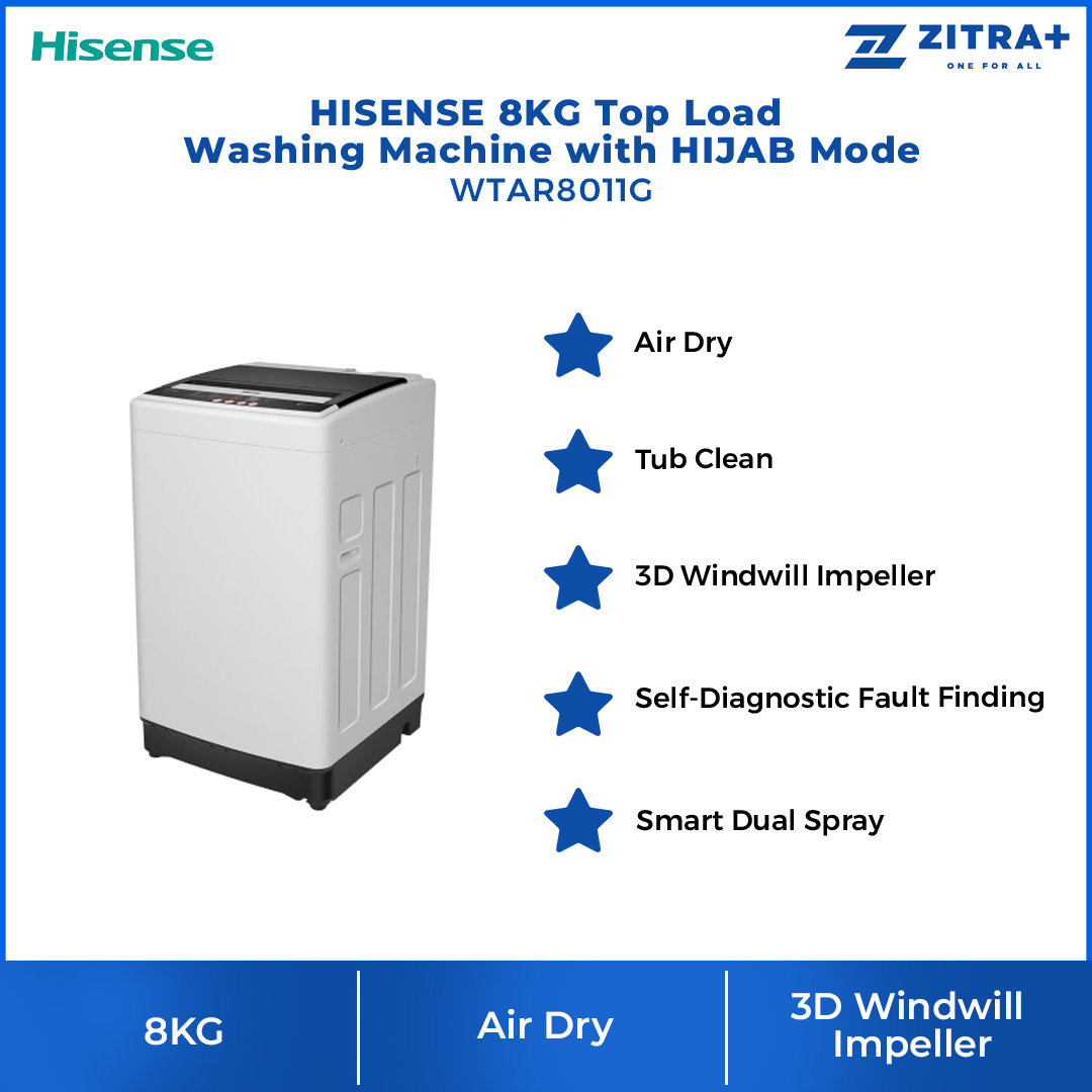 HISENSE 8KG Top Load Washing Machine with HIJAB Mode WTAR8011G | Air Dry | Aqua Preserve | Child Lock | LED Display | Buzzer | Tub Clean | Washing Machine with 2 Year Warranty