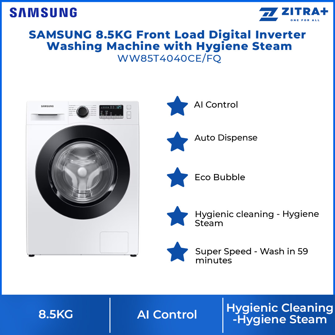 SAMSUNG 8.5KG Front Load Digital Inverter Washing Machine with Hygiene Steam WW85T4040CE/FQ | Drum Clean | StayClean Drawer | Child Lock | Door Lock | Washing Machine with 1 Year Warranty