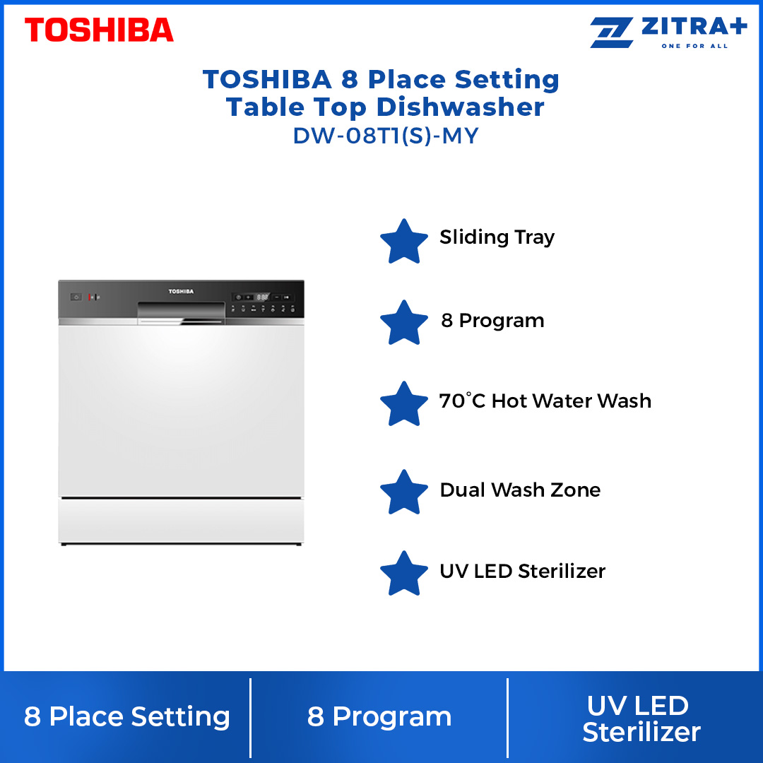 TOSHIBA 8 Place Setting Standing Dishwasher DW-08T1(S)-MY | Self Cleaning For Easy Maintenance | LED Display Panel | Standing Dishwasher with 1 Year Warranty