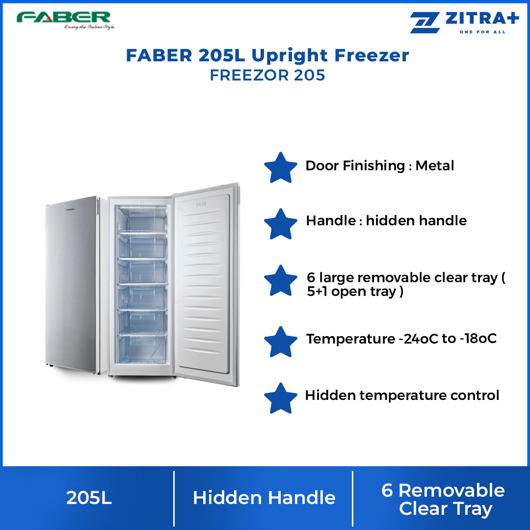 FABER 205L Upright Freezer FREEZOR 205 | 6 Large Removable Clear Tray | Hidden Temperature Control | Temperature -24oC to -18oC | Upright Freezer with 1 Year General Warranty & 5 Years Motor Warranty