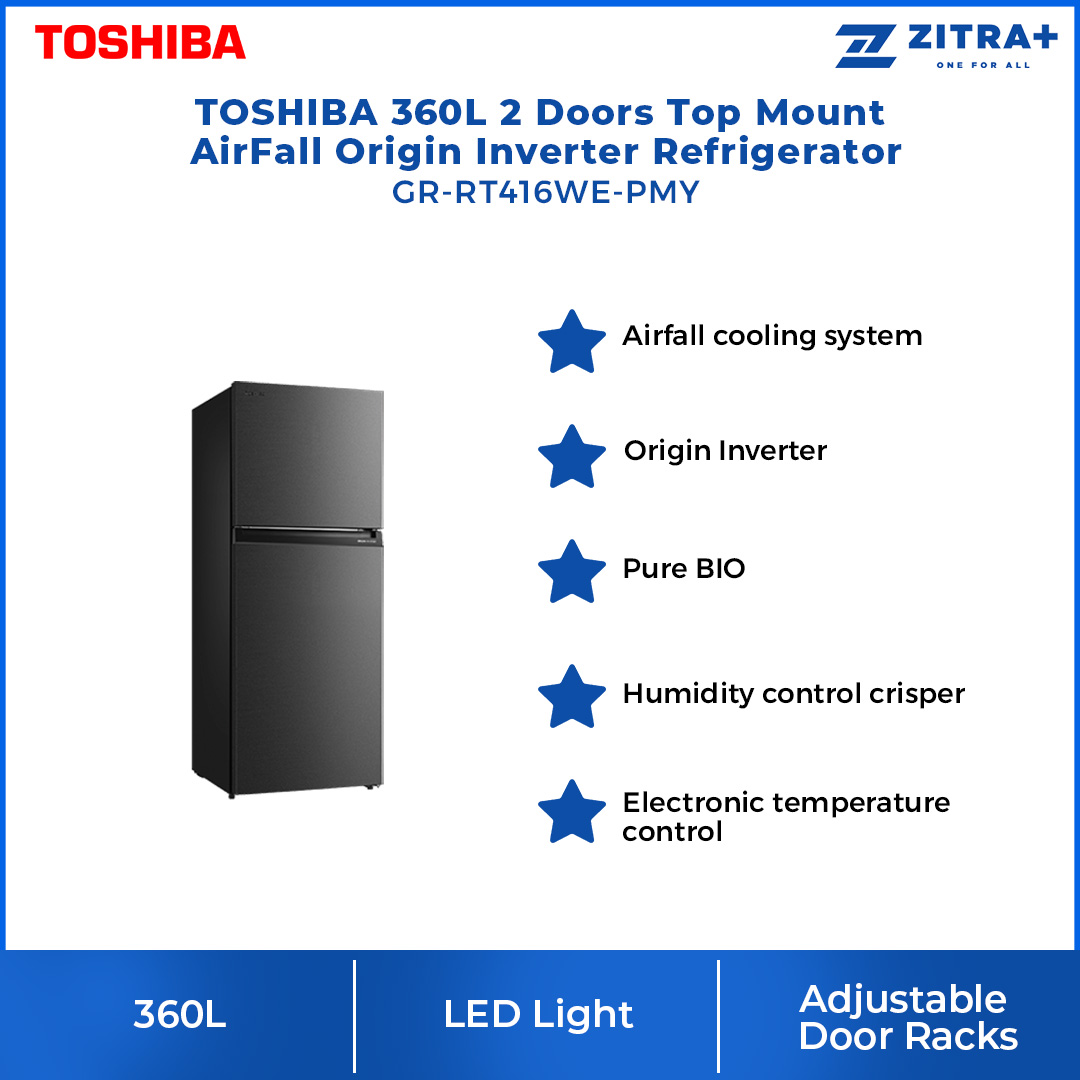 TOSHIBA 360L 2 Doors Inverter Refrigerator GR-RT416WE-PMY(06) | AirFALL Cooling | Origin Inverter | Humidity Control | Refrigerator with 1 Year General & 12 Year Compressor Warranty