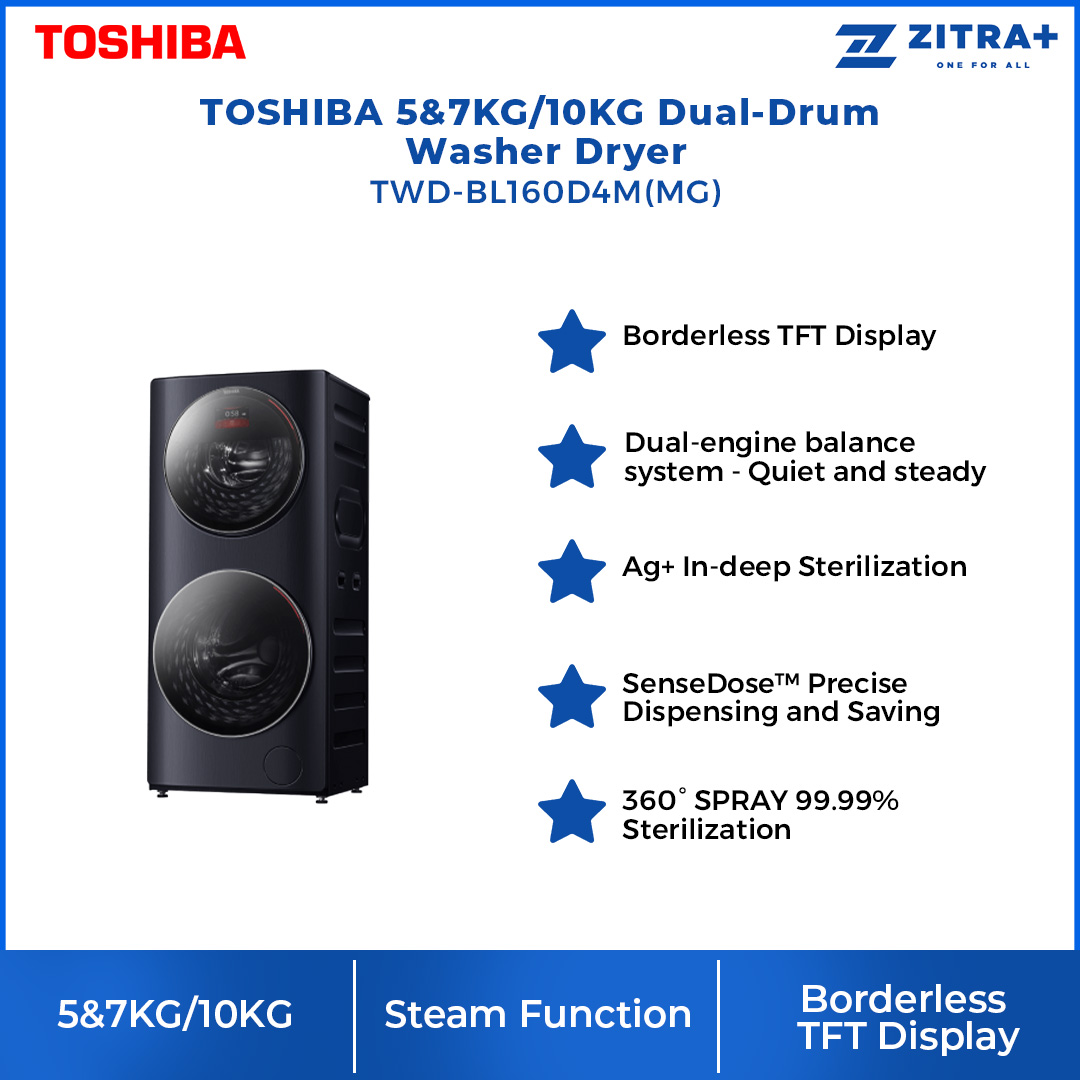 Toshiba 5/7/10KG Dual-Drum Washer Dryer TWD-BL160D4M(MG) | SenseDose | Ag+ In-Deep Sterilization | Partition Design | Smart Air Wash | Child Lock | WiFi | Drum Clean | Steam | Door Lock | Washer Dryer with 2 Year General & 10 Year Motor Warranty