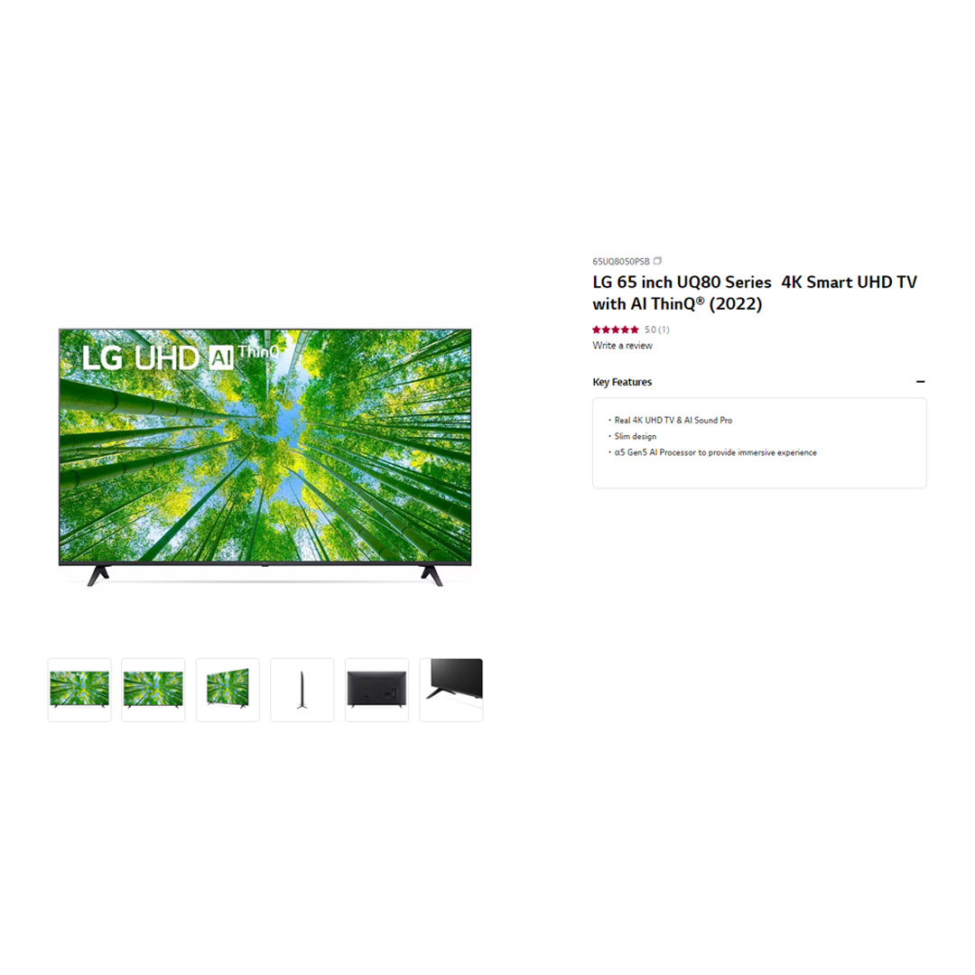 LG 65" 4K UHD Smart TV with AI ThinQ 65UQ8050PSB | AI Sound | Wi-Fi | Filmmaker Mode | Netflix | HDR | Smart TV with 2 Year Warranty