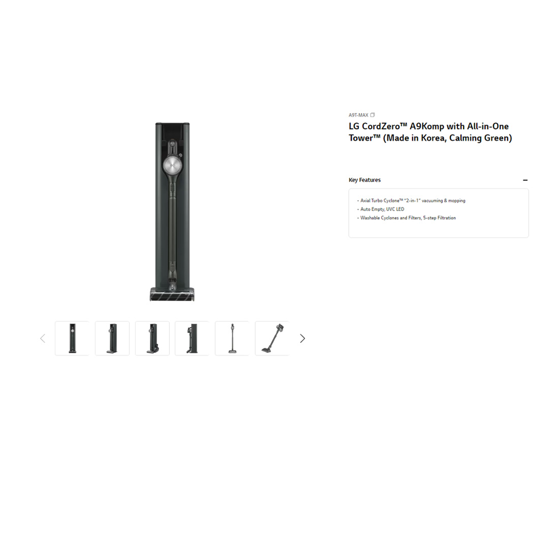 LG 590W CordZero A9Komp with All-in-One Tower Vacuum-Mop A9T-Max | Smart Inverter Motor | 5 step Filtration | Dual Battery Packs | Stick Vacuum with 2 Year Warranty