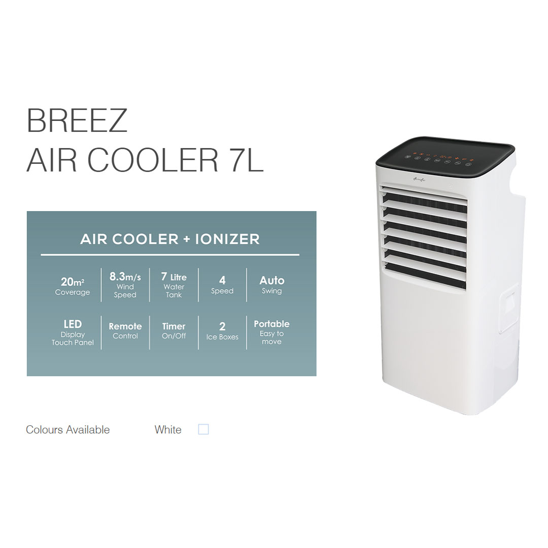 ALPHA 7L Air Cooler BREEZ AIR COOLER 7L | LED Display | Remote Control | 4 Speed | Auto Swing | 2 Ice Boxes | Timer On/Off | Wind Speed | Portable Cooler | Air Cooler with 1 Year Warranty