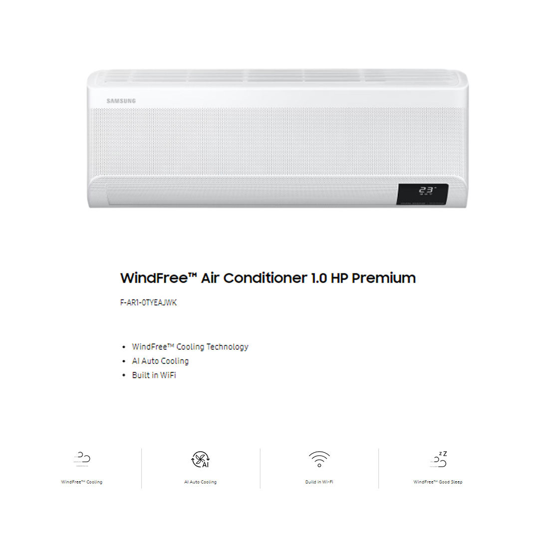 SAMSUNG 1HP R32 Digital Inverter Wind Free Premium Plus Wall Mount Air Conditioner AR10BYEAAWKNME/AR10BYEAAWKXME | WindFree Cooling | AI Auto Cooling | Fast Cooling | Auto Clean | 4Way Swing | Triple Protection | Air Conditioner with 1 Year Warranty