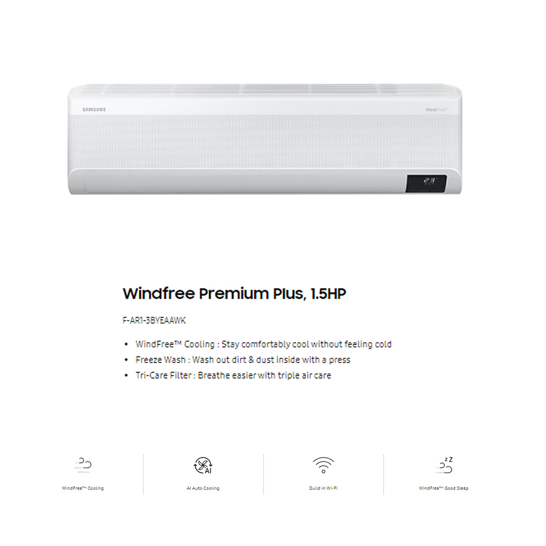 SAMSUNG 1.5HP R32 Digital Inverter Wind Free Premium Plus Wall Mount Air Conditioner AR13BYEAAWKNME/AR13BYEAAWKXME | WindFree Cooling | AI Auto Cooling | Fast Cooling | Auto Clean | 4Way Swing | Triple Protection | Air Conditioner with 1 Year Warranty