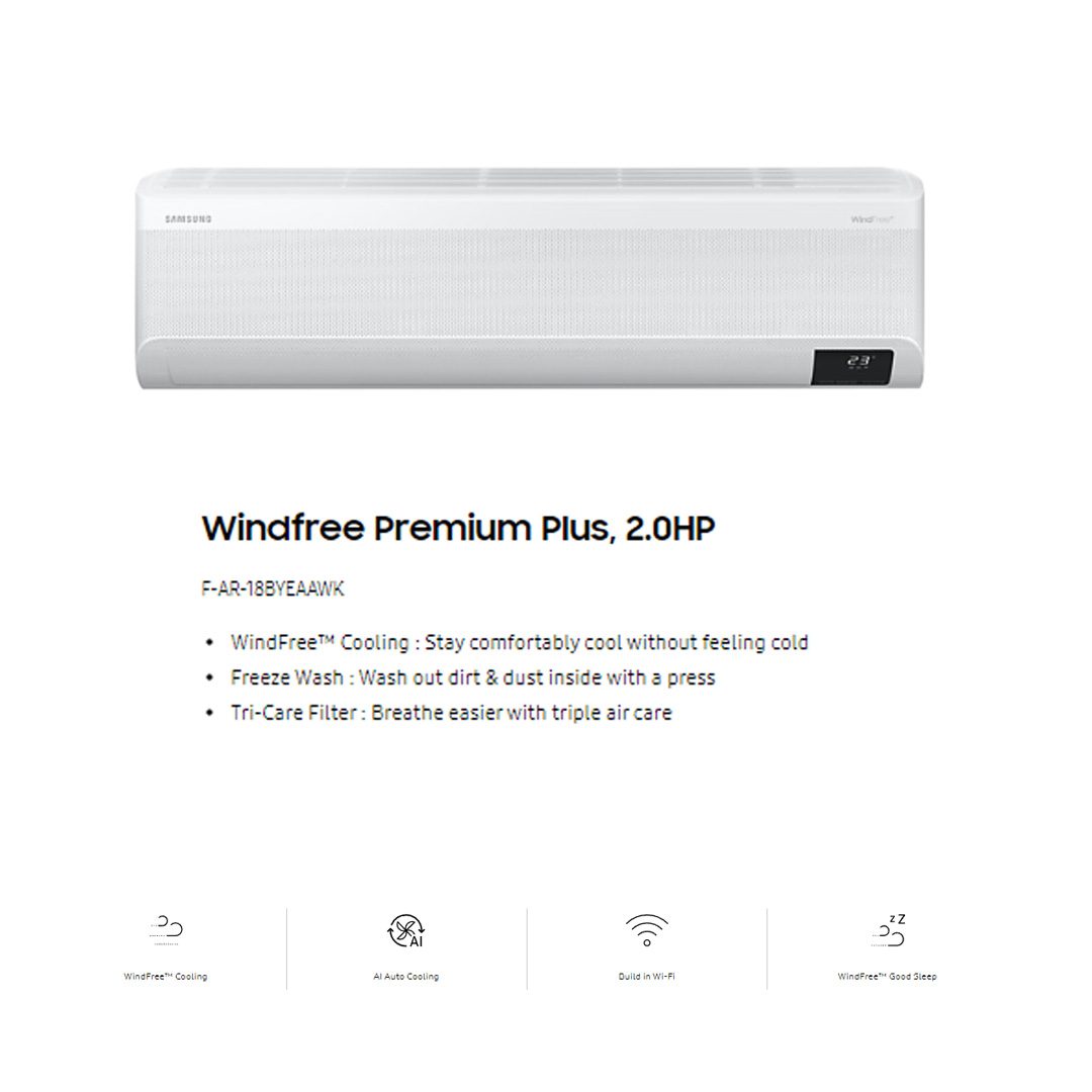 SAMSUNG 2HP R32 Digital Inverter Wind Free Premium Plus Wall Mount Air Conditioner AR18BYEAAWKNME/AR18BYEAAWKXME | WindFree Cooling | AI Auto Cooling | Fast Cooling | Auto Clean | 4Way Swing | Triple Protection | Air Conditioner with 1 Year Warranty