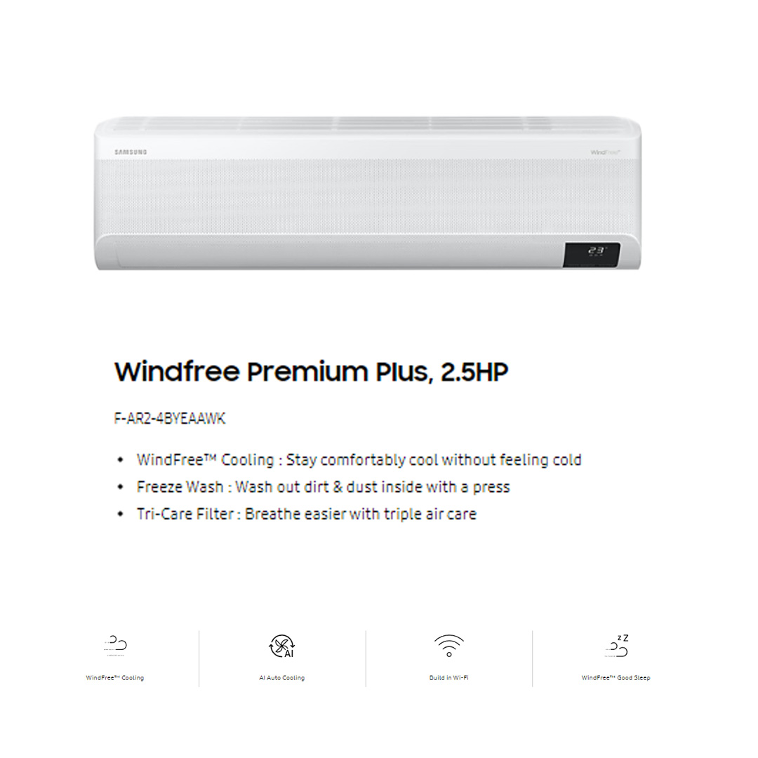 SAMSUNG 2.5HP R32 Digital Inverter Wind Free Premium Plus Wall Mount Air Conditioner AR24BYEAAWKNME/AR24BYEAAWKXME | WindFree Cooling | AI Auto Cooling | Fast Cooling | Auto Clean | 4Way Swing | Triple Protection | Air Conditioner with 1 Year Warranty
