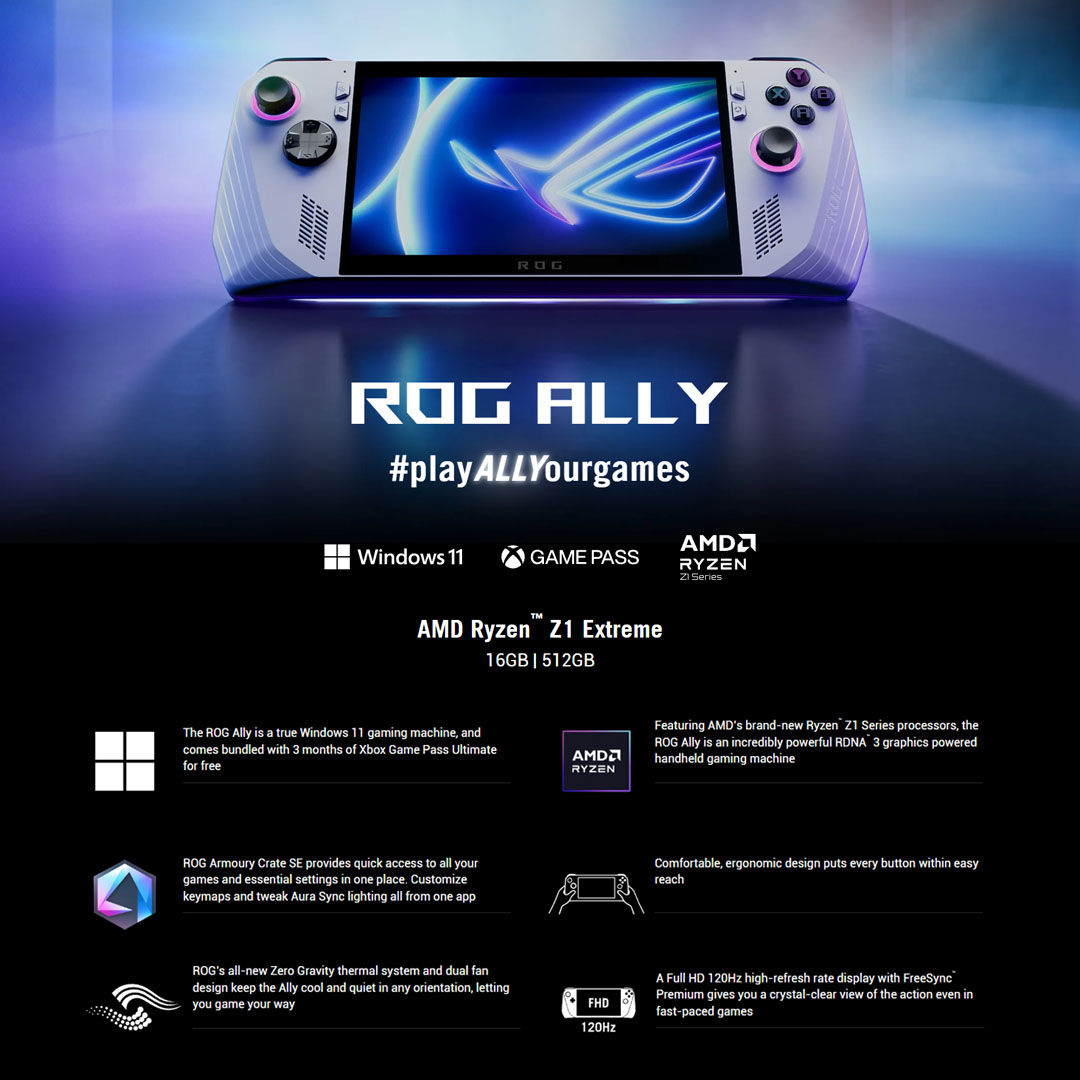 ASUS 16GB+512GB ROG Ally (2023) RC71L-NH005W | Windows 11 | AMD Ryzen™ Z1 Extreme Processor |  40WHrs | Console with 1 Year Warranty